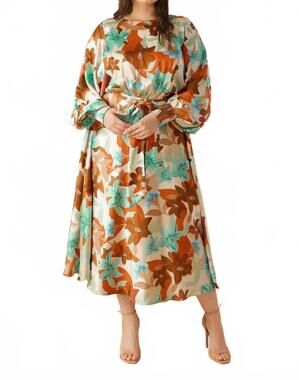 NEW FLYING TOMATO printed woven midi dress in rust teal